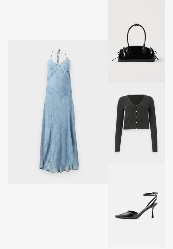 Mørkegrå ribbet cardigan med lange ærmer, V-udskæring og seks dekorative perleknapper foran. Croppet længde.; Denimkjole i lys blå nuance med spaghetti-stropper, A-line snit og subtile plisseringer langs bodice. Lang, flydende silhuet.; Sort spids højhælet sko med tynde ankelremme og sølvspænde på en ensfarvet lys baggrund.; Lille sort blank håndtaske med to lange håndtag og snøre-detaljer i siden på en ensfarvet lys baggrund.