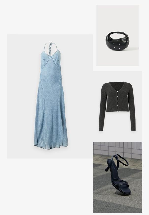 Cardigan côtelé gris foncé à manches longues, décolleté en V et six boutons en perles décoratifs sur le devant. Longueur cropped.; Robe en denim d'une teinte bleu clair, dotée de bretelles spaghetti, d'une coupe évasée et de plis subtils le long du corsage. Silhouette longue et fluide.; Sandale noire à talon haut avec lanières et boucle à la cheville, flottant au-dessus d'un sol gris texturé avec un mur carrelé en arrière-plan.; Sac à main en cuir noir de forme arrondie, décoré de clous argentés et équipé d'une poignée courte. Texture lisse et fermeture éclair.