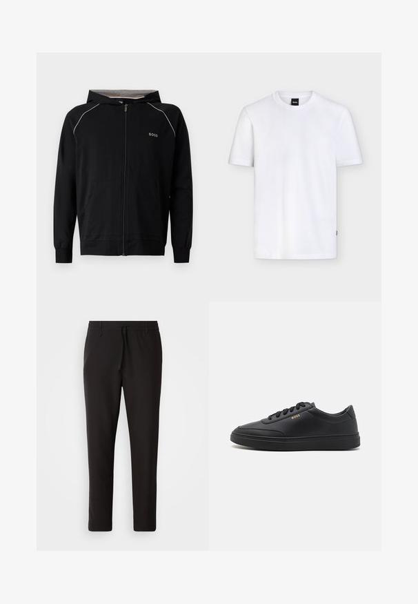 Sweat à capuche noir zippé intégralement, manches longues, doublure gris clair, petit logo « BOSS » sur la poitrine et poches avant.; T-shirt blanc uni à manches courtes et col rond avec une petite étiquette de marque noire au niveau du col et une texture subtile sur le tissu.; Pantalons de jogging noirs en tissu lisse. Dotés d'une taille élastique avec cordon de serrage, jambes fuselées, et sans poches visibles. Design simple.; Baskets en cuir noir avec une texture lisse, bout rond, semelle en caoutchouc plate et lacets ton sur ton. Présente une marque "BOSS" dorée sur le côté.