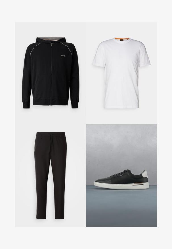 Sweat à capuche noir zippé intégralement, manches longues, doublure gris clair, petit logo « BOSS » sur la poitrine et poches avant.; T-shirt en coton blanc avec un col rond, des manches courtes et un logo en relief subtil sur la poitrine. L'étiquette intérieure a une touche d'orange.; Pantalons de jogging noirs en tissu lisse. Dotés d'une taille élastique avec cordon de serrage, jambes fuselées, et sans poches visibles. Design simple.; Sneaker en cuir noir avec semelle blanche, présente des perforations, un design à lacets, logo sur le côté et détail de talon contrasté en blanc et marron.