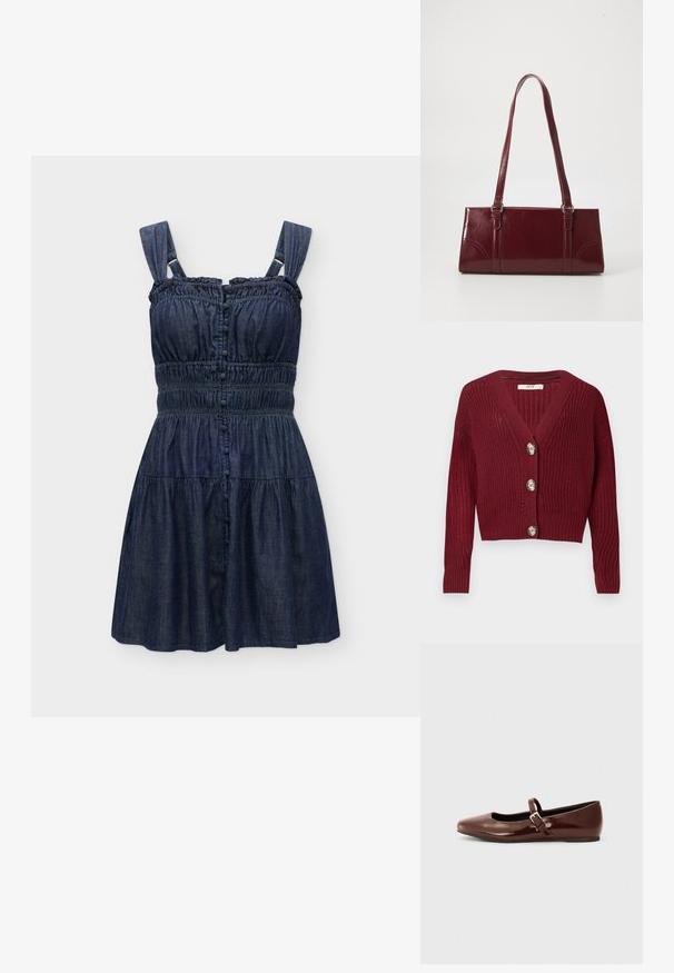 Bordeaux gebreid vestje met V-hals, lange mouwen, geribde manchetten en drie grote ronde knopen aan de voorkant.; Mouwloze donkerblauwe denimjurk met brede bandjes, knoopsluiting aan de voorkant, geplooide elastische taille en een uitlopende rok tot op de knie.; Bruine gepatineerde leren balletschoen met een vierkante neus en een bandje met een kleine gouden gesp. Gladde textuur, lage hak en minimalistisch ontwerp.; Bourgondische handtas van glanzend materiaal, rechthoekige vorm, met twee schouderbanden en subtiele gebogen accenten aan de voorkant.