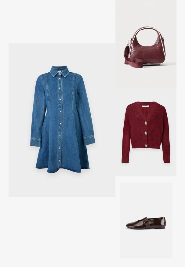 Bordeaux gebreid vestje met V-hals, lange mouwen, geribde manchetten en drie grote ronde knopen aan de voorkant.; Blauwe denim jurk met lange mouwen, kraag, knoopsluiting aan de voorkant en naaddetails, licht uitlopend aan de zoom.; Donkerbruine lakleren platte schoen met een grote gouden gesp en een afgeronde teen, zijaanzicht op een witte achtergrond.; Donkerrode geweven leren handtas met gebogen handvat, witte bies, zilveren rits en afneembare brede stoffen schouderriem tegen een effen achtergrond.