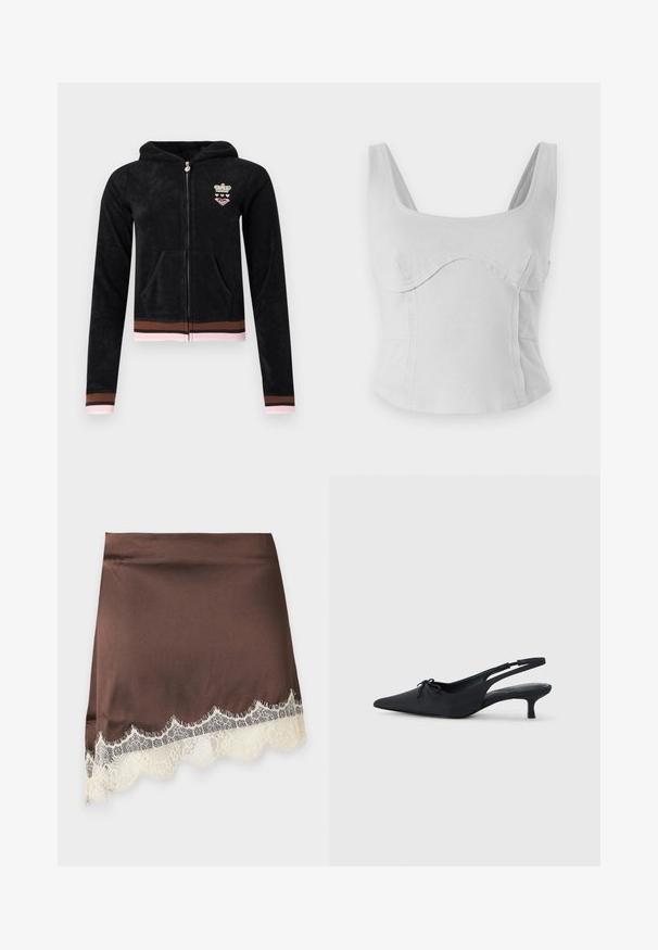 Sweat à capuche noir zippé avec poches avant, poignets et ourlet rayés rose et marron, et petit emblème couronne et cœur sur la poitrine.; Top court en coton gris avec un décolleté carré, des bretelles larges et des coutures arrondies. Texture lisse avec un design ajusté et sans quincaillerie visible.; Mini-jupe en satin marron avec une bordure en dentelle ivoire le long de l’ourlet, présentée sur un fond uni clair.; Talons slingback noirs avec un bout pointu, tissu texturé, un petit nœud à l'avant et un talon aiguille modéré.