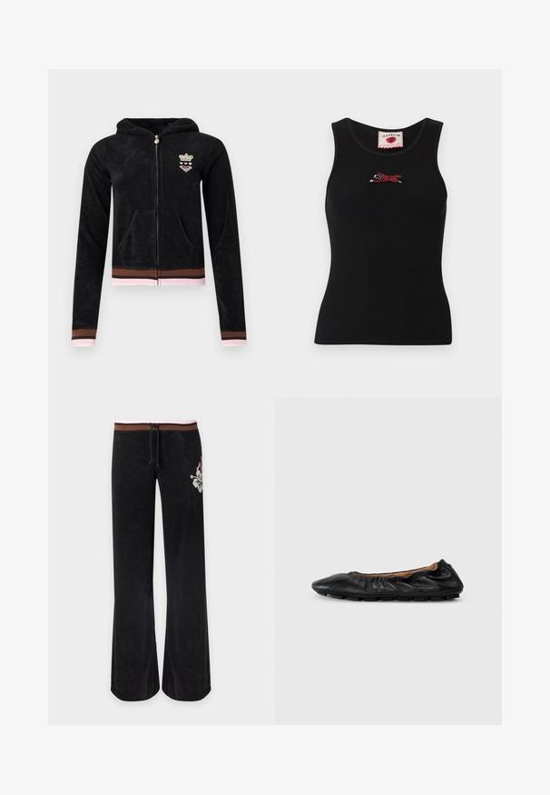 Sweat à capuche noir zippé avec poches avant, poignets et ourlet rayés rose et marron, et petit emblème couronne et cœur sur la poitrine.; Débardeur noir sans manches en côte, avec un petit chien courant brodé en rouge et blanc, centré sous l'encolure ronde.; Pantalon noir à jambes larges avec une ceinture rayée marron et rose, cordon de serrage et broderie florale blanche sur la hanche droite.; Ballerines en cuir noir avec des détails froncés au col, bout rond et semelle en caoutchouc flexible. Texture lisse dans l'ensemble.