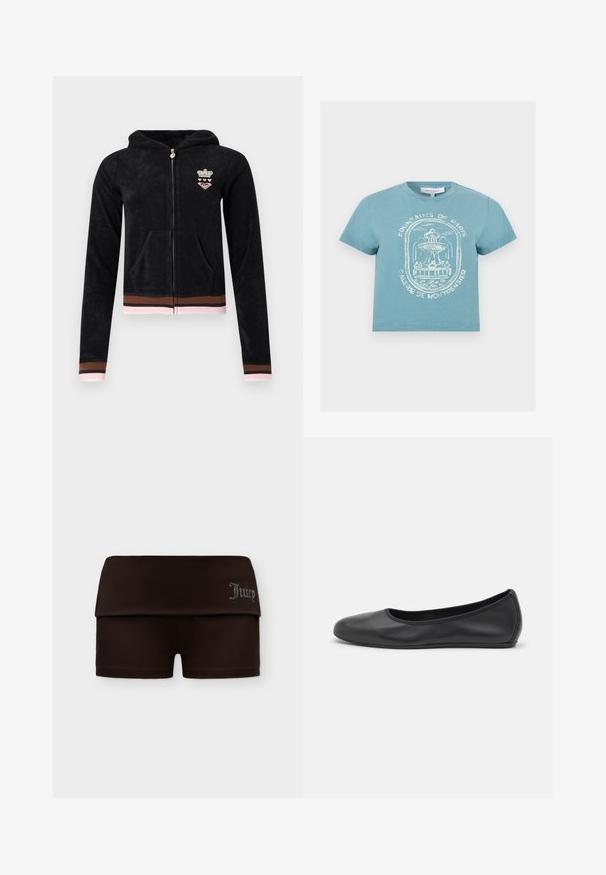 Sweat à capuche noir zippé avec poches avant, poignets et ourlet rayés rose et marron, et petit emblème couronne et cœur sur la poitrine.; T-shirt bleu clair à manches courtes avec un croquis blanc d'une fontaine de Paris et le texte « Fountains of Paris Galerie de Montpensier » sur le devant.; Shorts marron foncé à taille rabattue avec "Juicy" écrit en strass sur le côté droit sur un fond blanc uni.; Ballerines en cuir noir avec un bout rond, texture lisse, détails de couture minimalistes et design de semelle flexible.
