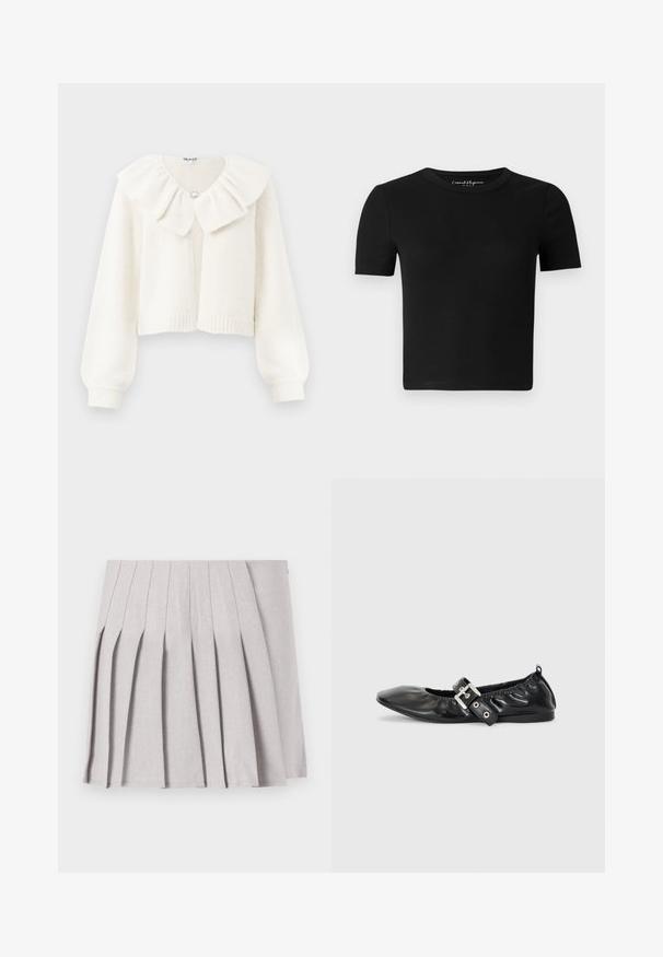 Cardigan blanc court avec des poignets et un ourlet côtelés, doté d'un grand col froncé et d'un bouton argent décoratif au niveau du col.; T-shirt noir ajusté à manches courtes, texture côtelée et col rond. Design simple, sans logo ni ornement visible.; Jupe plissée grise au toucher lisse, dotée de multiples plis verticaux et d'une taille ajustée. Fabriquée en tissu léger.; Chaussure plate en cuir noir avec un nez pointu, des détails froncés autour de l'ouverture et un accent en boucle argentée sur la bride ajustable.