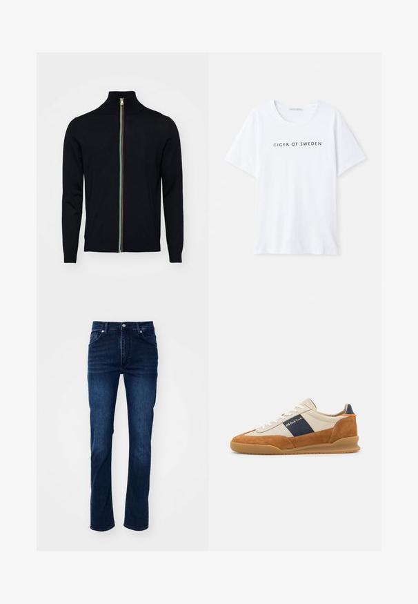 Paul Smith MEN CARDIGAN ZIP - Ζακέτα - black; Λευκό μπλουζάκι με στρογγυλή λαιμόκοψη και κοντά μανίκια. Μαύρο κείμενο που γράφει "TIGER OF SWEDEN" κεντραρισμένο στο μπροστινό μέρος. Απαλή υφή υφάσματος.; Σκούρο μπλε τζιν παντελόνι με ίσια γραμμή, περιέχοντας κλασικό σχέδιο πέντε τσεπών και διακριτές ραφές.; PS Paul Smith DOVER - Αθλητικά παπούτσια - cognac/off-white