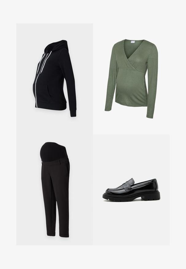 Zwarte zwangerschapshoodie van zacht materiaal, met een rits aan de voorkant, twee zijzakken, lange mouwen en een gevoerde capuchon met witte trekkoorden.; Groen geribd maternityshirt met lange mouwen en wikkelontwerp, zachte textuur en aansluitende pasvorm, geschikt voor het mee laten groeien van de buik.; Zwarte zwangerschapsbroek met een hoge, elastische tailleband en een taps toelopend ontwerp. De stof heeft een gladde textuur met een lichte glans.; Zwarte glanzende leren loafer met grove profielzool en pennyriem, zijaanzicht op een effen witte achtergrond.