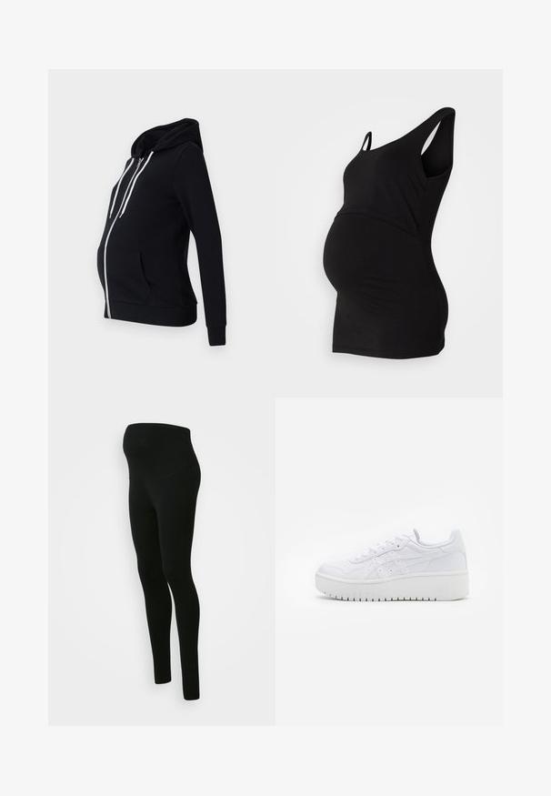 Sudadera de maternidad negra hecha de tela suave, con cremallera frontal, dos bolsillos laterales, mangas largas y capucha forrada con cordones blancos.; Top de maternidad negro sin mangas con escote redondeado, que presenta una silueta entallada que se adapta a una barriga en crecimiento.; Leggings de maternidad negros con una cinturilla alta y de soporte, textura suave, diseño ajustado y sin patrones ni adornos visibles.; Zapatillas de plataforma blancas con una textura de cuero suave, detalles perforados y cordones planos; cuentan con una suela de goma blanca gruesa.