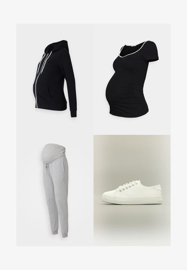 Sudadera de maternidad negra hecha de tela suave, con cremallera frontal, dos bolsillos laterales, mangas largas y capucha forrada con cordones blancos.; Anna Field MAMA by Zalando Camiseta estampada - black; Pantalones de chándal gris para maternidad con cinturilla elástica, cordón ajustable y bolsillos laterales. Tejido suave con un corte relajado.; Zapatilla blanca baja con cordones blancos y suela de goma mostrada desde vista lateral sobre un fondo neutro.