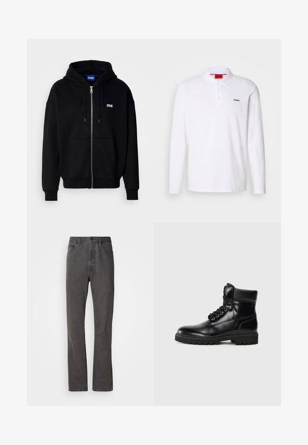 Zwarte ritshoodie van zacht materiaal, met een voorkantzak, een capuchon met koorden en een klein wit logo op de linkerborst.; Witte lange mouwen polo-shirt gemaakt van katoen, met een kraag, een drie-knops sluiting en een zwart "HUGO" logo op de linkerborst.; Grijze spijkerbroek met een rechte pijp, voorzien van voorzakken, een knoopsluiting en een subtiele textuur.; Zwarte leren enkellaars met een glanzende afwerking, vetersluiting, gevoerde kraag en een robuuste rubberen zool met grip.