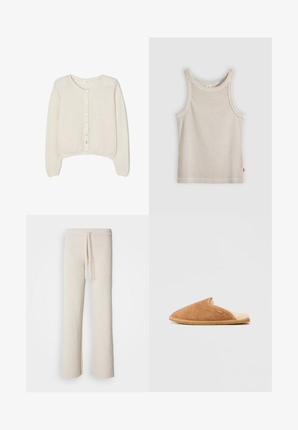 Cardigan en maille douce de couleur crème avec manches longues et sept boutons à l'avant, doté d'un col rond, de poignets et d'un ourlet côtelés.; Débardeur beige côtelé sans manches avec encolure ronde et coupe ajustée, présenté sur un fond gris.; Pantalons larges beiges en tissu doux, dotés d'une taille élastique avec cordon de serrage et d fentes sur les côtés à l'ourlet.; Pantoufle en daim marron avec une doublure en polaire crème douce et une semelle en caoutchouc beige. Elle présente un bout rond et un design avec des découpes sur le côté.