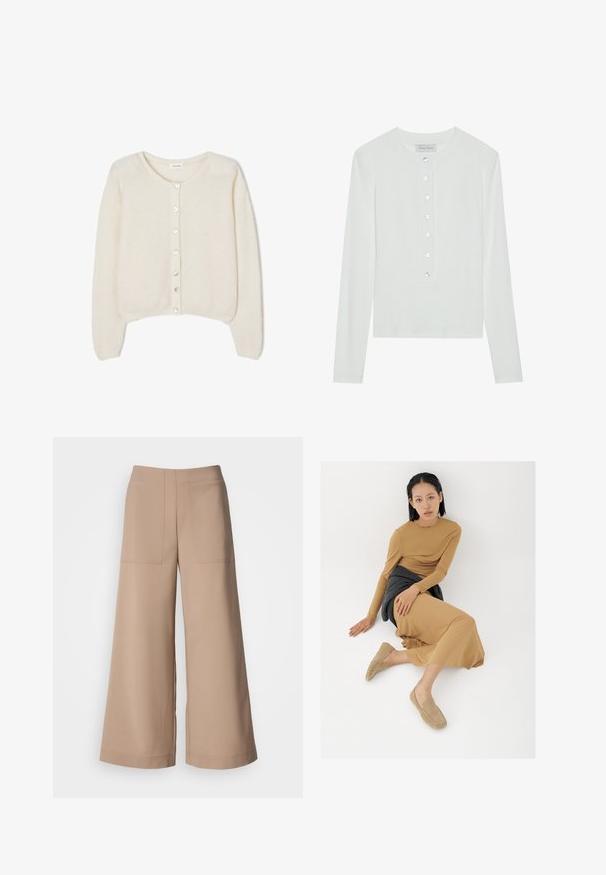 Cardigan en maille douce de couleur crème avec manches longues et sept boutons à l'avant, doté d'un col rond, de poignets et d'un ourlet côtelés.; Haut à manches longues blanc en tissu côtelé, avec un col rond et un devant boutonné comportant six boutons transparents.; Pantalons à jambes larges en tissu beige clair. Comprend deux poches avant en applique, une taille plate et une texture lisse avec une finition soignée.; Jeune femme aux cheveux courts noirs assise par terre, portant une robe à manches longues beige, des mocassins beiges et un pull gris foncé noué autour de la taille.