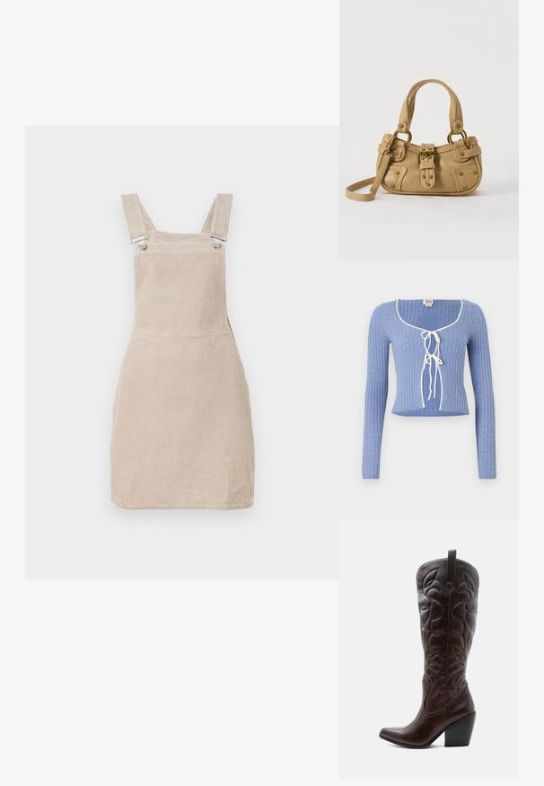 Helles blaues geripptes Crop-Top mit langen Ärmeln, das einen quadratischen Ausschnitt und weiße Bänder an der Vorderseite hat. Texturiertes Muster über das ganze Top.; Beige Cord-Hosenträgerkleid mit verstellbaren Trägern und Metallclips, gerade geschnitten und mit strukturierten vertikalen Linien.; Hoher dunkelbrauner Leder-Cowboystiefel mit gestickten dekorativen Mustern, spitzer Spitze und gestapeltem Blockabsatz.; Beige Lederhandtasche mit doppelten Griffen, Messingschnalle und Nieten, sowie verstellbarem Schultergurt vor weißem Hintergrund.