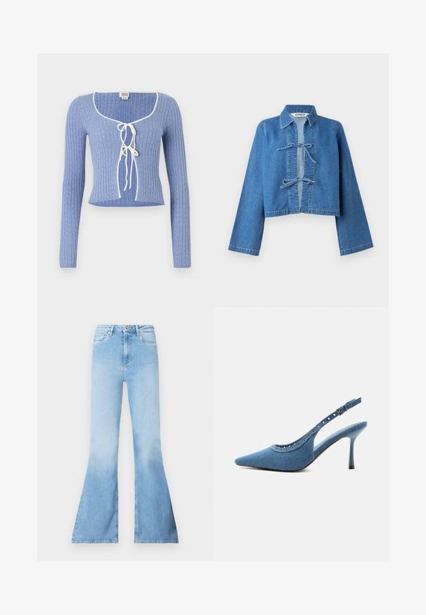 Svetlomodrý rebrovaný crop top s dlhými rukávmi, s obdĺžnikovým výstrihom a bielymi viazaniami vpredu. Po celom povrchu textúrovaný vzor.; Zkrátená modrá džínová bunda s golierom, dlhými rukávmi a centrálne umiestneným zapínaním na toggle. Hladká textúra, minimálne detaily šitia.; Svetlomodré zvonové rifle z denimu s vysokým pásom, s prednými vreckami a vyblednutou textúrou smerom ku spodnej časti nôh.; Modrá denimová lodička s otvorenou pätou, špicatou špičkou, striebornými očkami a nastaviteľným prackovým remienkom.