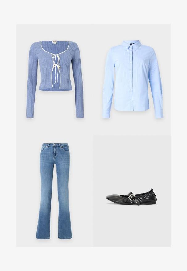 Helles blaues geripptes Crop-Top mit langen Ärmeln, das einen quadratischen Ausschnitt und weiße Bänder an der Vorderseite hat. Texturiertes Muster über das ganze Top.; Hellblaues Langarmhemd mit dezenten weißen Nadelstreifen und spitzem Kragen, auf einem einfarbigen Hintergrund dargestellt.; Himmelblaue Schlagjeans aus Denim, mit fünf Taschen, Reißverschluss und Knopfverschluss. Ausgewaschenes Muster an den Oberschenkeln und am Saum.; Schwarze Leder-Ballerinas mit spitzem Zehenbereich, gerafften Details am Schaft und einem silbernen Schnallenakzent am verstellbaren Riemen.