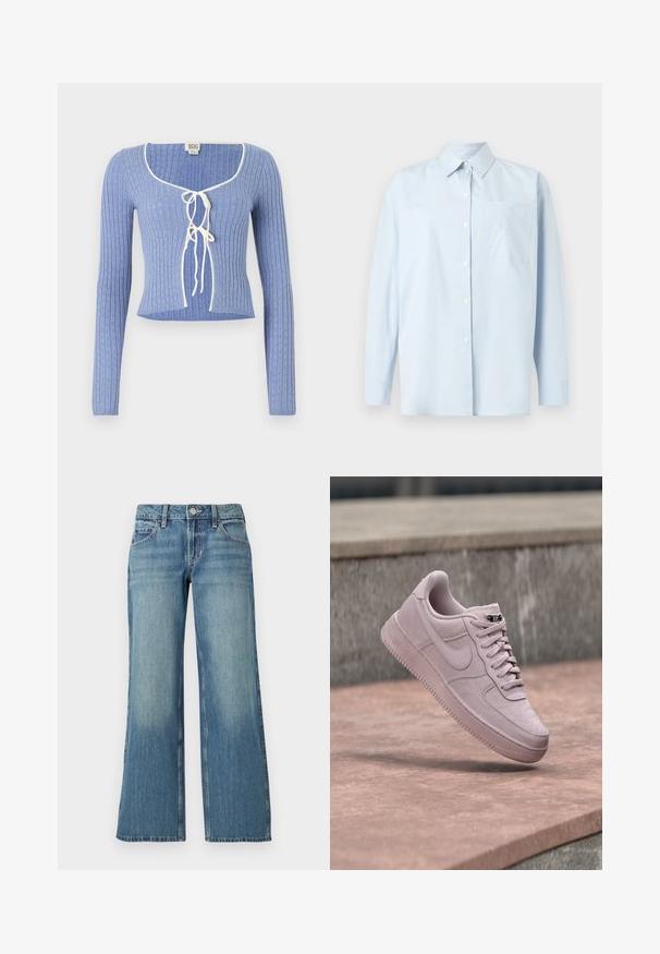 Helles blaues geripptes Crop-Top mit langen Ärmeln, das einen quadratischen Ausschnitt und weiße Bänder an der Vorderseite hat. Texturiertes Muster über das ganze Top.; Hellblaues, langärmliges Hemd aus Baumwollstoff mit Knopfleiste. Verfügt über eine Brusttasche mit gesticktem Logo, klassischen Kragen und geraden Schnitt.; Hellblaue Jeans aus Denim mit weitem Bein, mittelhohem Bund, Taschen vorne und dezentem Color-Fading, mit glatter Textur.; Hellrosa Nike Air Force 1 Sneaker schwebt über einer rosa gefärbten Betonfläche mit einer grauen Steinmauer im Hintergrund.