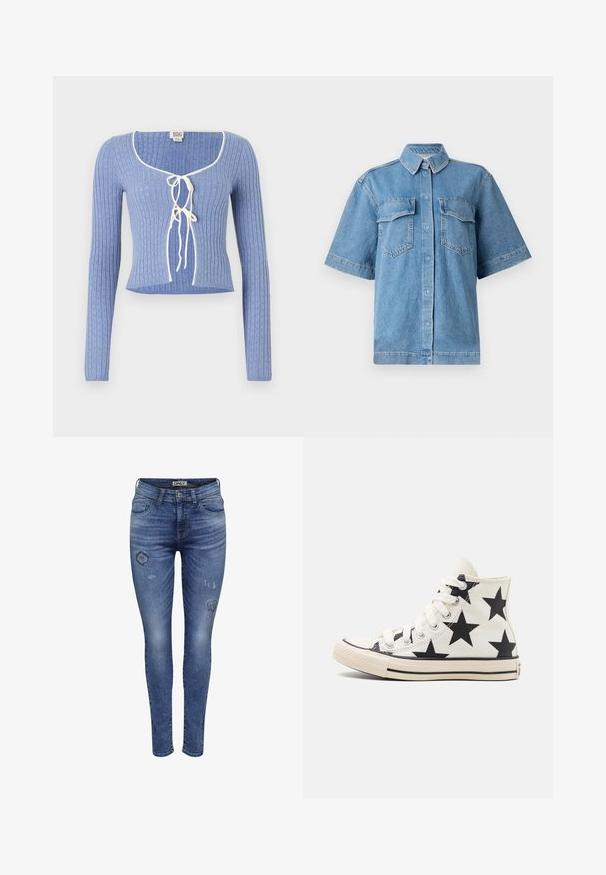 Svetlomodrý rebrovaný crop top s dlhými rukávmi, s obdĺžnikovým výstrihom a bielymi viazaniami vpredu. Po celom povrchu textúrovaný vzor.; Modrá denimová košeľa s krátkym rukávom a golierom, dvoma náprsníkovými vreckami a zapínaním na gombíky. Má voľný strih a vyblednutú textúru.; Chudé džínsy vyrobené z modrého denimu s vyblednutými časťami a poškodenými detailmi, so štandardným dizajnom piatich vreciek a zapínaním na gombík.; Biele vysoké canvas tenisky so veľkým čiernym hviezdovým potlačou, bielymi šnúrkami a gumovou špičkou. Obsahujú čierne akcenty na podrážke.