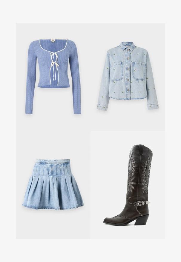 Kerged halli ribitud lühiülikond pika varrukaga, mis sisaldab ruudukujulist dekoltee ja valgeid lipsukesi ees. Ühtlane tekstuuriga muster.; Heledsinine denim jakk, millel on lilleline tikand, sisaldab kahte esist pocketit, nupuga sulgemist ja kraega kaelaosa. Vabaaja lõige koos õmmeldud äärtega.; Heledsinine teksas-seelik, millel on täislaineline disain ja vöökoht. Kangas on peene tekstuuriga ning nähtavate õmbluste detailidega.; Mustast nahast kameelisaap kaunistavate lõigetega, hõbedase pandla ja kaldu kannaosaga, valgel taustal.