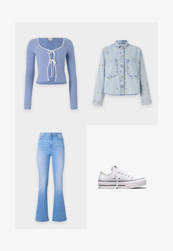 Svetlomodrý rebrovaný crop top s dlhými rukávmi, s obdĺžnikovým výstrihom a bielymi viazaniami vpredu. Po celom povrchu textúrovaný vzor.; Svetlomodrá denimová bunda s kvetinovou výšivkou, má dve predné vrecká, zapínanie na gombíky a golier. Voľný strih so šitým lemom.; Svetlomodré rozšírené džínsy s vysokým pásom, vyrobené z denimu. Majú hladkú textúru a jemné vyblednutie smerom k spodnému okraju. Klasický dizajn s piatimi vreckami.; Nízke biele plátené tenisky s bielymi šnúrkami, gumovou podrážkou, čiernymi pruhmi a logo nášivkou na jazyku a päte.
