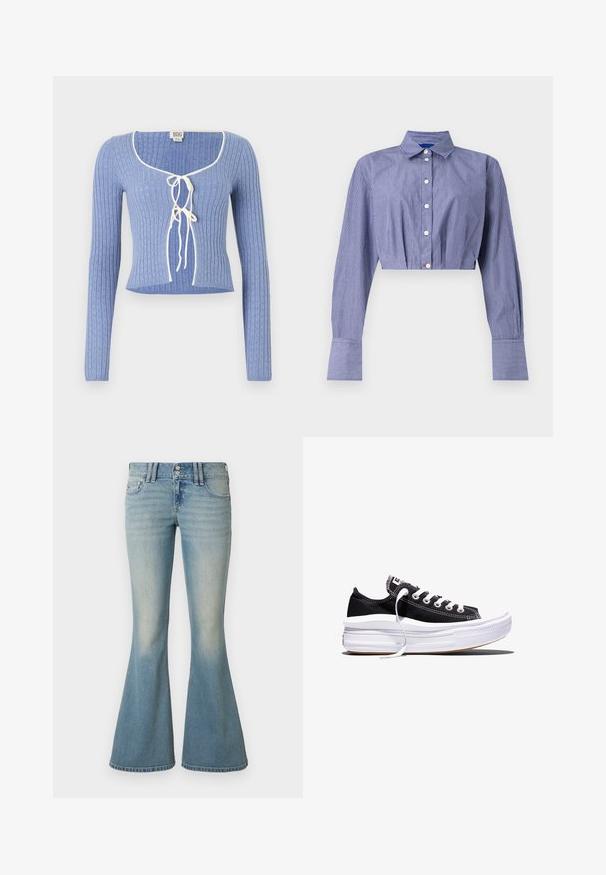 Helles blaues geripptes Crop-Top mit langen Ärmeln, das einen quadratischen Ausschnitt und weiße Bänder an der Vorderseite hat. Texturiertes Muster über das ganze Top.; Gestreiftes blaues Cropped-Shirt mit Knopfleiste, langen Ärmeln, klassischem Kragen und breiten Manschetten. Aus leichtem Stoff gefertigt.; Hellblaue, ausgestellte Jeans aus Denim mit hoher Taille, dezentem Verblassen, zwei vorderen Taschen und zwei hinteren Taschen mit Knopfverschluss.; Schwarzer, niedriger Canvas-Sneaker mit weißen Schnürsenkeln und dicker, mehrlagiger weißer Gummisohle vor weißem Hintergrund.