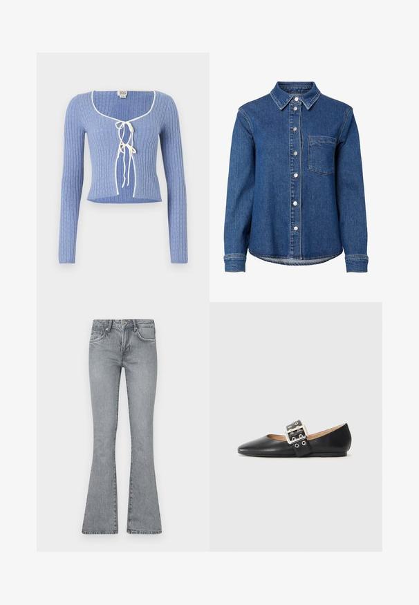 Svetlomodrý rebrovaný crop top s dlhými rukávmi, s obdĺžnikovým výstrihom a bielymi viazaniami vpredu. Po celom povrchu textúrovaný vzor.; Modrá denimová košeľa s dlhými rukávmi, prednými gombíkmi, jedným náprsným vreckom na ľavej strane a klasickým golierom.; Svetlošedé rozšírené džínsy vyrobené z denimu. Obsahujú vysoký pás, dizajn s piatimi vreckami a vyblednutý vzhľad so šitím pozdĺž švov.; Čierny kožený balerín s špicatou špičkou a ozdobným pásikom so striebornými kovovými prvkami a malými výrezmi.