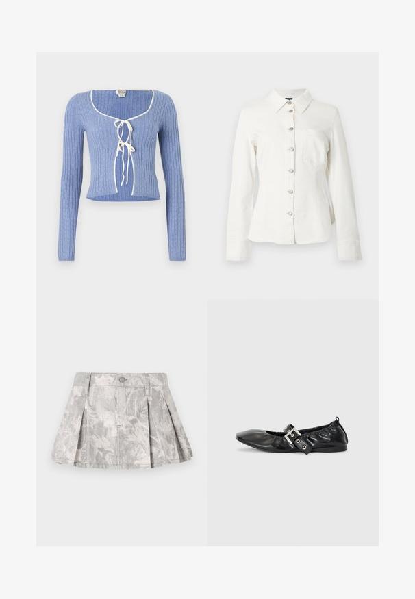 Helles blaues geripptes Crop-Top mit langen Ärmeln, das einen quadratischen Ausschnitt und weiße Bänder an der Vorderseite hat. Texturiertes Muster über das ganze Top.; Weißes Denimhemd mit Kragen, langen Ärmeln und einer vorderen Knopfleiste. Verfügt über eine einzelne Brusttasche und silberne Knopfdetails.; Grauer Denim-Rock mit Falten, der ein dezentes Blattmuster in helleren Farbtönen aufweist. Klassischer Schnitt mit einem Taillenbund und einem Metallknopfverschluss.; Schwarze Leder-Ballerinas mit spitzem Zehenbereich, gerafften Details am Schaft und einem silbernen Schnallenakzent am verstellbaren Riemen.