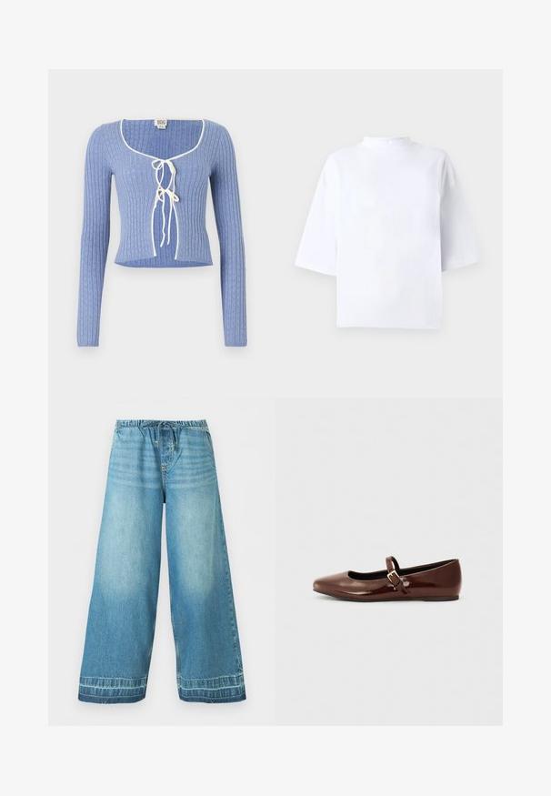 Lyseblå ribbet crop top med lange ærmer, med en kvadratisk udskæring og hvide bånd foran. Struktureret mønster over hele stoffet.; Hvid bomulds t-shirt med korte ærmer, høj, rund hals og løs pasform. Glat tekstur uden synlige mønstre eller detaljer.; Lyseblå brede denim bukser med elastisk taljebånd og bindesnor, forlommer og diskrete falmede detaljer.; Brun patentlæder balletflade med firkantet tå og strop med en lille guldbuckle. Glat tekstur, lav hæl og minimalistisk design.