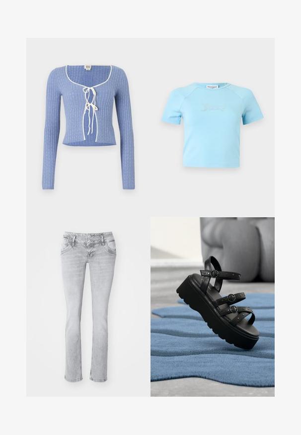 Svetlomodrý rebrovaný crop top s dlhými rukávmi, s obdĺžnikovým výstrihom a bielymi viazaniami vpredu. Po celom povrchu textúrovaný vzor.; Svetlomodrý krátky crop top s krátkymi rukávmi a okrúhlym výstrihom, s nápisom „Juicy" z kryštálikov uprostred na hrudi.; Sivé denimové džínsy so slim fit strihom, s dvojitým gombíkovým zapínaním, prednými vreckami a mierne rozstrapkaným lemom. Mäkkučká textúra, strih s rovnými nohavicami.; Čierna platformová sandála s troma nastaviteľnými remienkami so sponami, položená na modrom koberci s textúrou, na rozmazanom pozadí.