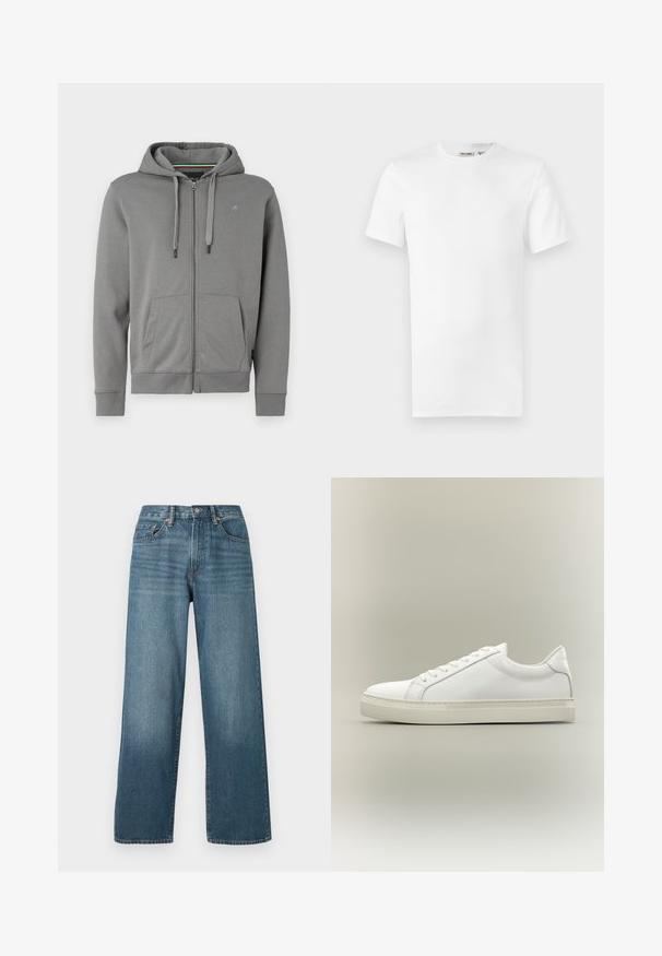 Grijze zip-up hoodie van zacht materiaal, met een capuchon, twee voorzakken en ribbelmanchetten, met een logo op de linkerborst.; Effen wit T-shirt met korte mouwen en een ronde hals, met een klein merklintje aan de binnenkant van de kraag, weergegeven op een witte achtergrond.; Wijde donkerblauwe denim jeans met een knoopsluiting, riemlussen en een vervaagd textuur. Beschikt over vijf zakken en contrasterende stiksels.; Witte lage sneaker met veters aan de voorkant en dikke zool, zijaanzicht tegen een neutrale achtergrond.