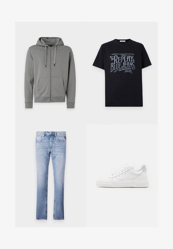 Graue Zip-up Hoodie aus weichem Stoff, mit Kapuze, zwei Fronttaschen und gerippten Bündchen, mit einem Logo auf der linken Brust.; Schwarzes Baumwoll-T-Shirt mit kurzen Ärmeln und rundem Halsausschnitt, mit einem grafischen Textdesign im Vintage-Stil in Weiß und hellblau auf der Vorderseite.; Hellblaue Denim-Jeans mit geradem Bein, fünf Taschen und sichtbaren Nähdetails. Glatte Textur und klassischer Schnitt.; Weiße Leder-Sneaker mit glatter Oberfläche, rundem Zehenbereich, flachen Schnürsenkeln und strukturiertem Schuhsohlen. Graues Wildleder-Detail an der Ferse.