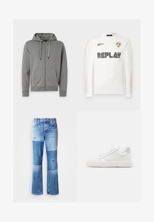 Grå zip-up hoodie lavet af blødt stof, med hætte, to frontlommer og ribbede manchetter, med et logo på venstre bryst.; Hvid langærmet skjorte med sort "REPLAY" tekst henover brystet, lille "REPLAY FC" tekst øverst til venstre, og et tri-farvet skjold emblem med tre stjerner øverst til højre.; Blå denim jeans med vidde, med et patchwork-design, der har lysere og mørkere nuancer, slidte detaljer og en traditionel fem-lomme-stil.; Hvide lædersneakers med en glat finish, rund tå, flade snørebånd og en struktureret sål. Grå ruskindsdetalje ved hælen.