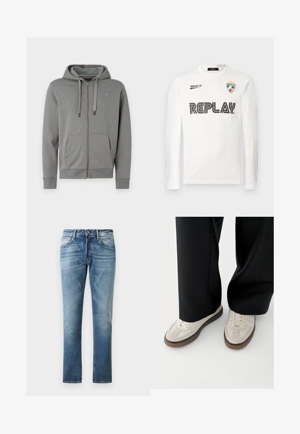 Sudadera gris con cremallera hecha de tejido suave, con capucha, dos bolsillos frontales y puños de canalé, que presenta un logo en el lado izquierdo del pecho.; Camisa blanca de manga larga con el texto negro "REPLAY" en el pecho, pequeño texto "REPLAY FC" en la parte superior izquierda y un emblema de escudo tricolor con tres estrellas en la parte superior derecha.; Jeans rectos azules con detalles deslavados, botón frontal y bolsillos, exhibidos sobre un fondo blanco liso.; Pies con zapatillas beige con suelas marrones y pantalones negros de pierna ancha sobre un fondo blanco.