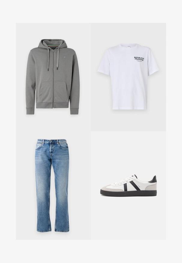 Grijze zip-up hoodie van zacht materiaal, met een capuchon, twee voorzakken en ribbelmanchetten, met een logo op de linkerborst.; Witte katoenen t-shirt met korte mouwen en een ronde hals. De bedrukking op de linkerborst luidt "REPUBLIQUE FRANCAISE" in donkergroene letters.; Lichtblauwe denim jeans met een rechte snit, vijf-pocketdesign en een lichte vervaging. Voorzien van een knoop- en ritssluiting en gestikte zoom.; Witte sneaker met zwarte en grijze accenten, voorzien van een grijze neus met textuur, zwarte rubberen zool en platte witte veters. Schoon ontwerp, minimalistische stijl.