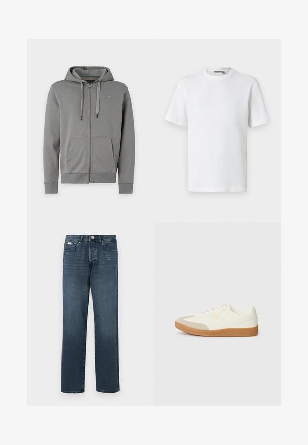 Grå zip-up hoodie lavet af blødt stof, med hætte, to frontlommer og ribbede manchetter, med et logo på venstre bryst.; Hvid kortærmet t-shirt i vaffelmønster med rund hals og et lille mærke med brandnavn inde i kraven, vist på en ensfarvet baggrund.; Mørkeblå denimbukser med lige pasform, fem lommer, bæltestropper og lynlås. Glat tekstur med subtile blegede detaljer.; Sneaker lavet af hvid læder med en beige tåhætte og let brunt gummisål. Har flade hvide snørebånd og prægede branding på siden.