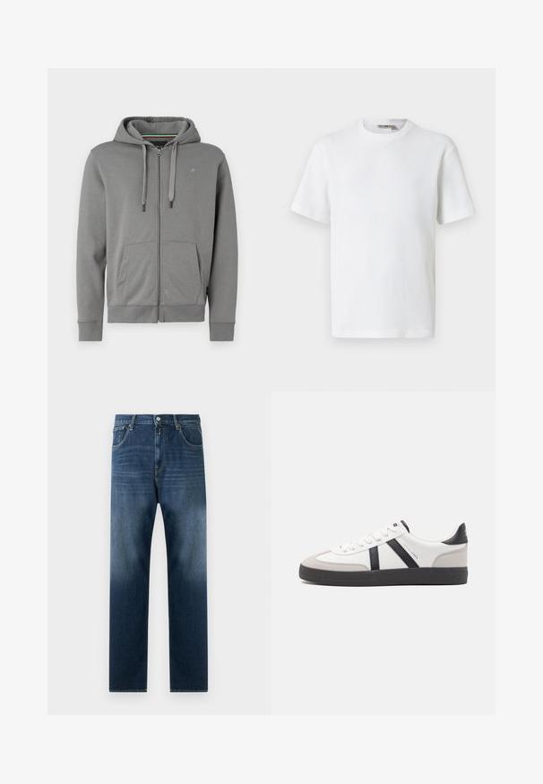 Sudadera gris con cremallera hecha de tejido suave, con capucha, dos bolsillos frontales y puños de canalé, que presenta un logo en el lado izquierdo del pecho.; Camiseta blanca de manga corta con cuello redondo y tejido de waffle, con una pequeña etiqueta de la marca en el interior del cuello, mostrada sobre un fondo liso.; Jeans de mezclilla azul oscuro con diseño de pierna recta. Incluye bolsillos frontales, cremallera y un leve desteñido hacia el dobladillo.; Zapatilla blanca con acentos en negro y gris, que presenta una puntera texturizada en gris, suela de goma negra y cordones planos blancos. Diseño limpio, estilo minimalista.