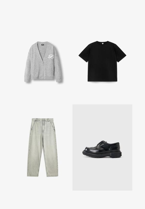 Cardigan en laine grise avec un col en V, des manches longues, cinq boutons et un logo blanc sur le côté gauche. Texture douce, coupe décontractée.; T-shirt noir uni à manches courtes, col rond, posé à plat sur un fond blanc, montrant la vue de face sans logos ni motifs visibles.; Jean gris clair à jambes droites avec poches avant, passants pour ceinture, et fermeture par bouton, étalé à plat sur un fond blanc.; Chaussure brogue en cuir noir avec semelle épaisse à rainures et fermeture à lacets sur fond uni gris clair.