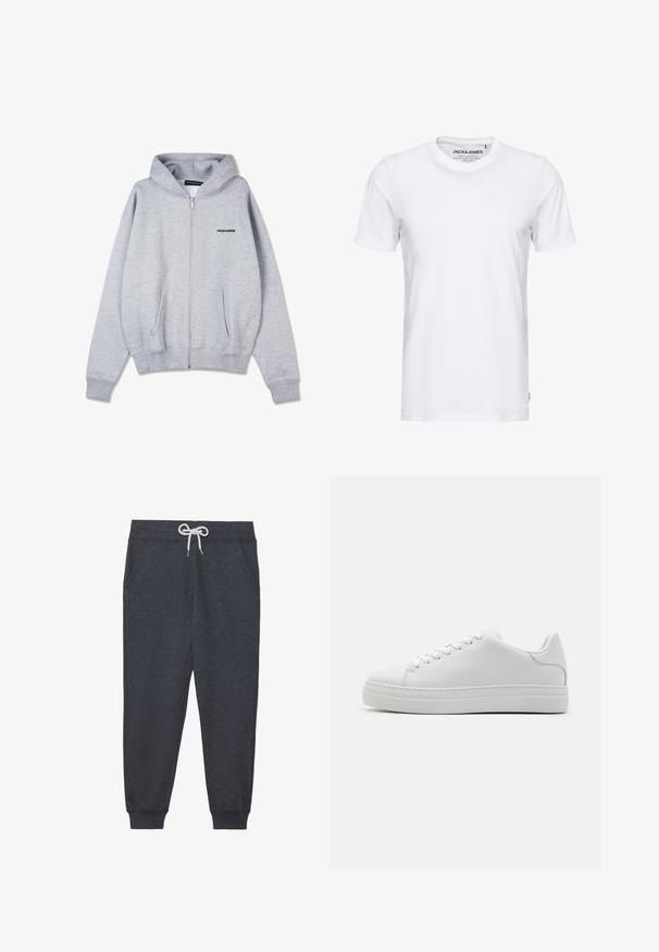Grauer Reißverschluss-Hoodie aus weichem, geschleiftem Stoff. Besitzt eine Kängurutasche und gerippte Bündchen. Auf der Vorderseite befindet sich ein kleines schwarzes Logo auf der linken Brust.; Weißes T-Shirt mit kurzen Ärmeln aus Baumwolle, mit Rundhalsausschnitt und einem schlichten Design. Markentag im Nackenbereich sichtbar. Keine Muster oder Verzierungen.; Dunkelgraue Sweatpants aus weichem Material, mit einem elastischen Bund und weißem Kordelzug, vorderen Taschen und gerippten Bündchen.; Weiße Ledersneaker mit einer klobigen Plattformsohle, runder Zehenpartie und sechs Ösen. Glatte Textur mit subtilen Stichdetails.