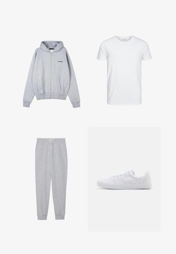 Grauer Reißverschluss-Hoodie aus weichem, geschleiftem Stoff. Besitzt eine Kängurutasche und gerippte Bündchen. Auf der Vorderseite befindet sich ein kleines schwarzes Logo auf der linken Brust.; Rundhals-T-Shirt mit kurzen Ärmeln in reinem Weiß, aus weicher Baumwolle, mit einem schlichten Design ohne sichtbare Muster oder Akzente.; Graue Sweatpants aus weichem Stoff, mit einem elastischen Bund und einem Kordelzug, seitlichen Taschen und gerippten Bündchen an den Knöcheln.; Weiße Leinenschuhe mit Gummisohle, ausgestattet mit sechs Ösen, einer strukturierten Zehenkappe und minimalistischer Gestaltung.