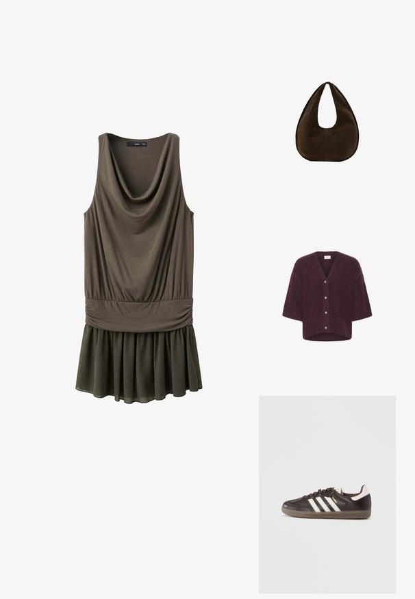 Kaffe KALABIS - Vest - windsor wine melange; Mouwloze olijfgroene jurk met gedrapeerde halslijn, getailleerde taille en geplooide rokzoom, weergegeven op een effen witte achtergrond.; Donkerbruine leren sneakers met een wit drie-strepen ontwerp, een rubberen zool en "Samba" in gouden letters aan de zijkant. Klassieke lage schoenvorm.; Donkerbruine suède handtas in halve maanvorm met een enkele brede riem en een gladde textuur op een witte achtergrond.