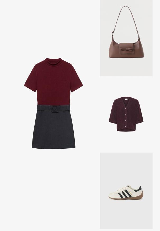 Kaffe KALABIS - Vest - windsor wine melange; Bordeaux top met korte mouwen en hoge hals, gecombineerd met een donkergrijze rok. Inclusief een bijpassende riem in de taille voor aanpassing.; Witte Adidas-sneaker met zwarte strepen, bruine gestructureerde zool en gouden "SPEZIAL"-letters aan de zijkant, gezien vanaf de buitenkant.; Bruine leren schoudertas met een voorvak met klep en een gestikte strikdetail en een verstelbare band.