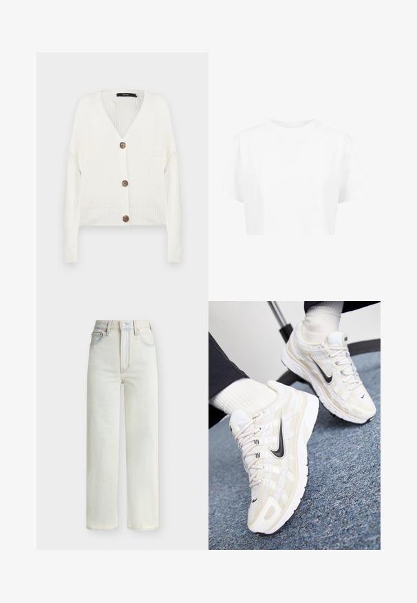 Cardigan blanc en tricot avec des manches longues, un col en V et cinq boutons marron à l'avant ; présente des poignets et un ourlet côtelés. Tissu texturé.; T-shirt blanche raccourcie, à manches courtes, col rond, en tissu lisse, sans motifs visibles ni quincaillerie distincte.; Jean en denim bleu clair à taille haute avec jambe droite, boutons à l'avant, fermeture éclair et cinq poches.; Des baskets Nike blanches et beiges avec une tige en mesh, un revêtement texturé, un swoosh noir et une semelle rembourrée avec une semelle extérieure antidérapante.