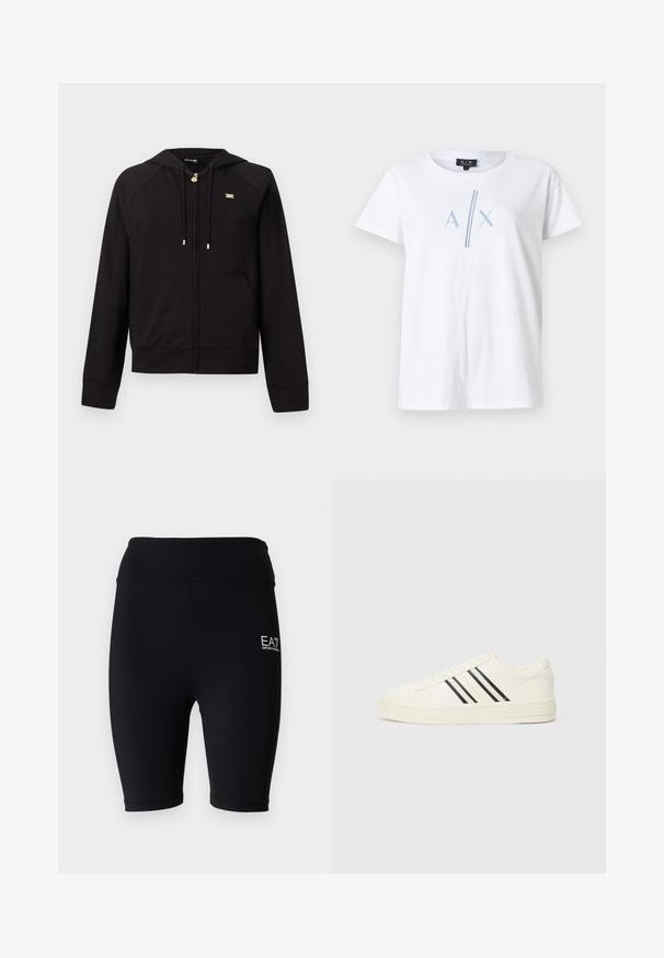 Sweat à capuche noir zippé en tissu doux, avec une capuche, des manches raglan, des détails en métal doré et des poches kangourou à l'avant.; T-shirt en coton blanc à manches courtes, avec un motif bleu "A X" et une bande verticale bleue. Encolure ras-du-cou classique.; Shorts de vélo noirs en tissu extensible, avec une taille haute et un logo brodé sur le côté inférieur. Texture lisse, coupe ajustée.; Baskets en toile blanches avec un bout rond, trois rayures noires et une semelle en caoutchouc texturée. Marque sur le côté et le talon.