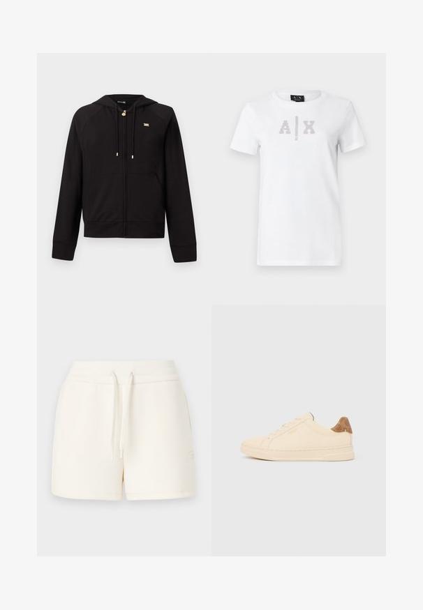 Sweat à capuche noir zippé en tissu doux, avec une capuche, des manches raglan, des détails en métal doré et des poches kangourou à l'avant.; T-shirt blanc à manches courtes avec col rond, avec le logo "A | X" en clous argentés et le texte "Armani Exchange" en dessous sur le devant.; Shorts couleur crème en tissu doux, dotés d'une taille élastique avec cordons de serrage et d'un petit logo sur le côté.; Baskets basses beige avec lacets beiges, languette de talon à motif marron clair et logo "Coach New York" sur le côté.