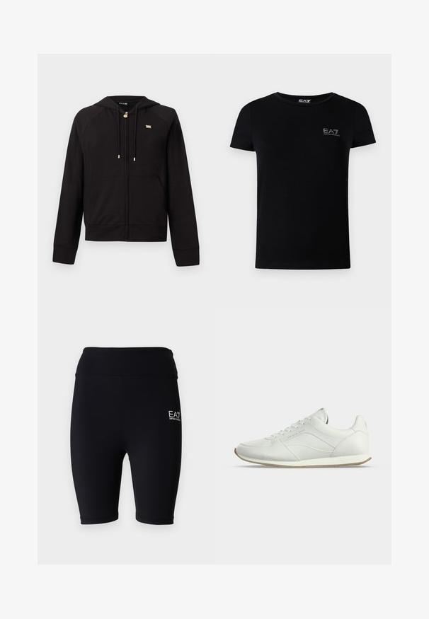 Sweat à capuche noir zippé en tissu doux, avec une capuche, des manches raglan, des détails en métal doré et des poches kangourou à l'avant.; T-shirt en coton noir avec un col rond, des manches courtes, et un petit logo EA7 sur la poitrine gauche. Design simple et ajusté.; Shorts de vélo noirs en tissu extensible, avec une taille haute et un logo brodé sur le côté inférieur. Texture lisse, coupe ajustée.; Baskets basses en cuir blanc avec laçage sur le devant, détails de couture subtils et semelle en caoutchouc beige sur fond clair uni.