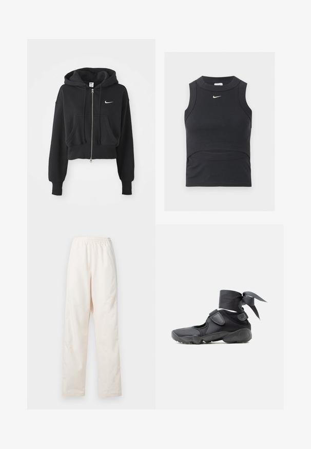 Korthvid sweatshirt i sort af bomuldsblanding, med frontlynlås, to lommer, hætte med snøre og et hvidt Nike-logo på brystet.; Sort ærmeløs cropped sportstop med ribbet tekstur og hvid Nike swoosh-logo på brystet.; Løse, cremefarvede bukser med elastisk talje og lige ben, vist mod en ensfarvet hvid baggrund.; Sort atletiksko med udskæringer, velcrolukninger og ankelrem bundet i en sløjfe, vist fra siden på en hvid baggrund.