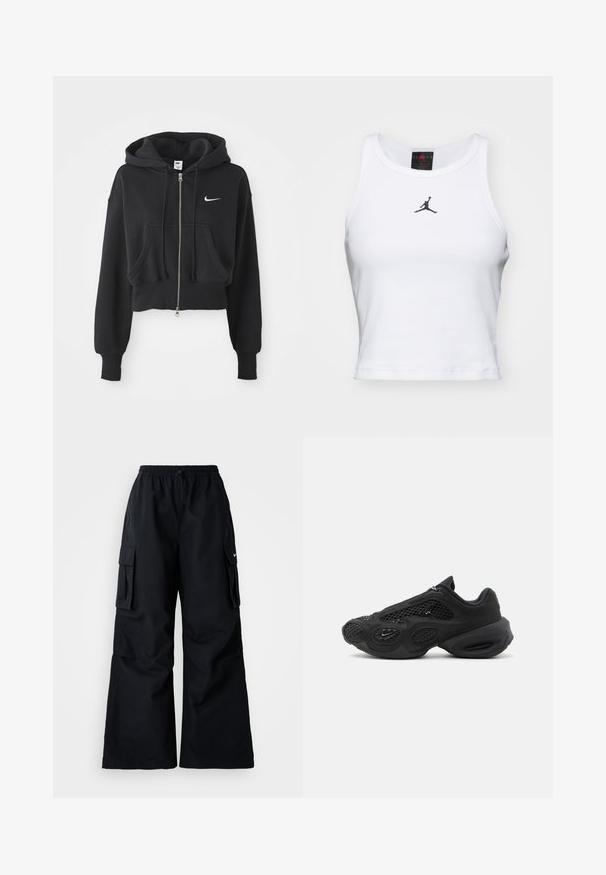Haut à capuche noir coupé, fabriqué en mélange de coton, avec une fermeture éclair à l'avant, deux poches, une capuche à cordon de serrage et un logo Nike blanc sur la poitrine.; Débardeur court blanc en coton avec une texture côtelée. Présente un logo Jordan noir au centre et une encolure ras du cou classique.; Pantalons cargos noirs avec des jambes larges, taille élastique, cordon de serrage ajustable et deux poches latérales. Fabriqués en tissu léger et lisse.; Baskets sportives noires avec panneaux en mesh, semelle épaisse et rembourrée, et petit logo swoosh sur le côté, photographiées sur fond uni.