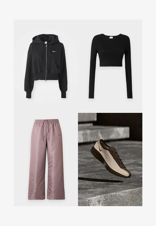 Lyhennetty musta huppari, joka on valmistettu puuvillasekoitteesta, ja siinä on edessä vetoketju, kaksi taskua, nyörillinen huppu sekä valkoinen Nike-logo rinnassa.; Musta pitkähihainen crop-top, joka on valmistettu ribbikankaasta. Siinä on pyöreä pääntie ja pieni avaus takana, jossa on vetoketju.; Vaaleanpunaiset, leveälahkeiset housut, jotka on valmistettu sileästä nailonista. Niissä on kuminauhavyötärö ja kiristysnauha sekä brändäys sivussa.; Nike-tennari, jossa on beigeä rei'itettyä päällistä ja ruskeita yksityiskohtia, leijuu betoniporrasten yllä ja heittää varjon.