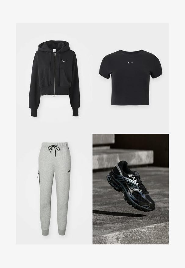 Haut à capuche noir coupé, fabriqué en mélange de coton, avec une fermeture éclair à l'avant, deux poches, une capuche à cordon de serrage et un logo Nike blanc sur la poitrine.; T-shirt court noir en coton, avec un col rond et des manches courtes. Logo Nike blanc notable sur la poitrine.; Pantalon de survêtement gris en tissu doux avec une taille élastique à cordon de serrage, des jambes fuselées et une poche zippée sur le côté gauche. Présente un logo noir.; Chaussure de running Nike noire et argent flottant au-dessus de marches en béton, montrant un design détaillé et une semelle texturée en extérieur.