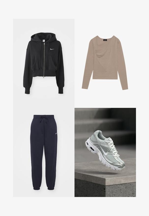 Lyhennetty musta huppari, joka on valmistettu puuvillasekoitteesta, ja siinä on edessä vetoketju, kaksi taskua, nyörillinen huppu sekä valkoinen Nike-logo rinnassa.; Pitkähihainen, beige paita pehmeästä kankaasta. Sisältää kiertyvän etuosan muotoilun ja V-kaula-aukon. Muotoilu on kapea ja saumat minimissään.; Nike-housut tummansinisestä pehmeästä materiaalista. Vaatteissa on joustava vyötärö, jossa on naru, sekä kynähaitarilla varustetut nilkat. Pieni valkoinen logo korostaa asua.; Vaaleanharmaa ja valkoinen Nike-juoksukenkä verkkokankaalla ja paksulla pohjalla kelluu betonireunan yläpuolella sumennettua portaiden taustaa vasten.